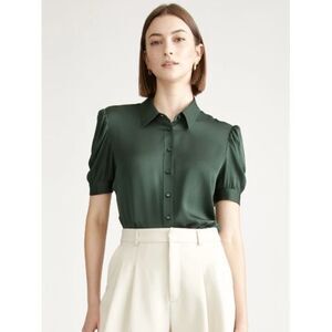 Quince Washable Stretch Silk Puff Sleeve Blouse Green M